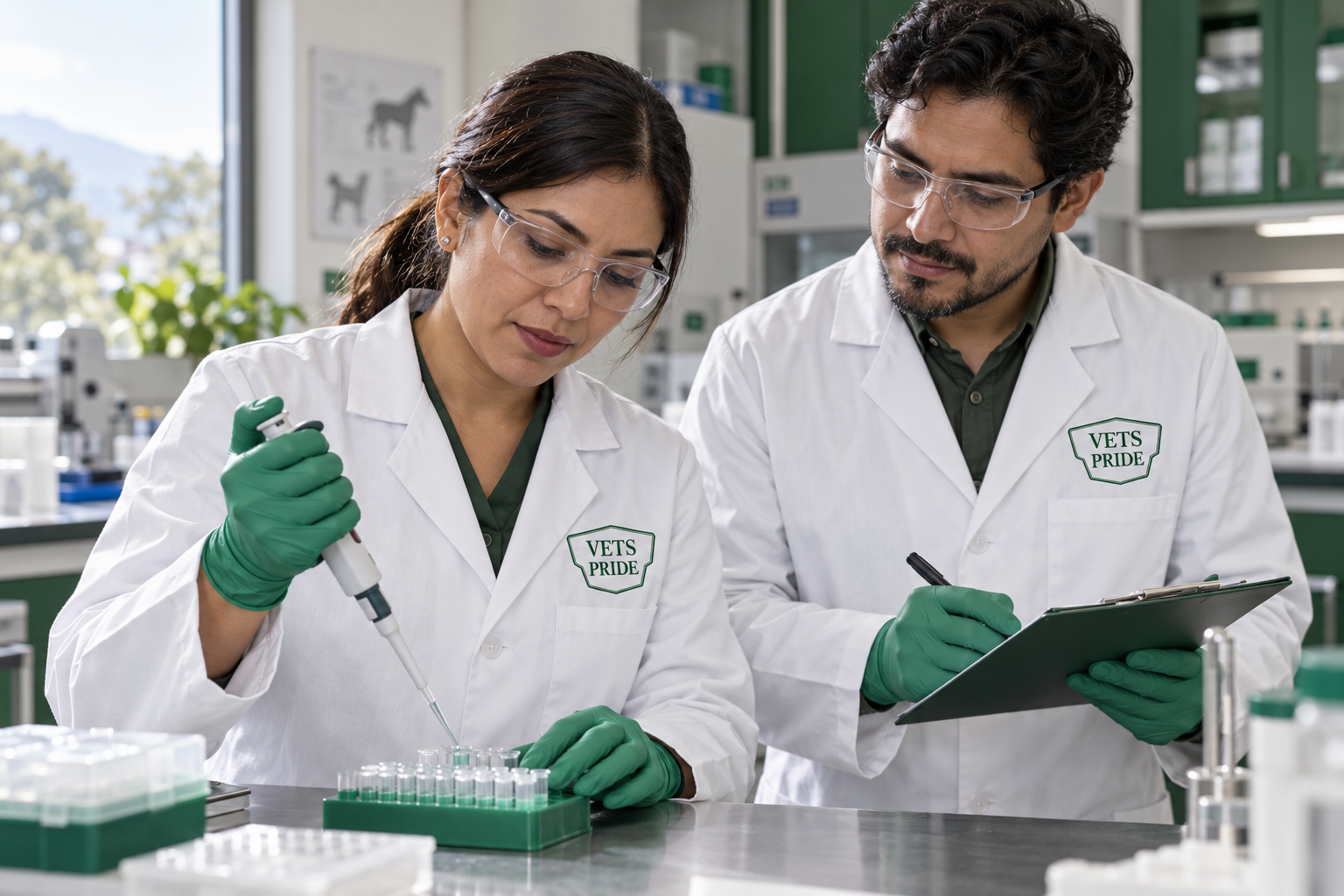 Escena ilustrativa de dos profesionales en laboratorio con el logo VETS PRIDE en sus batas